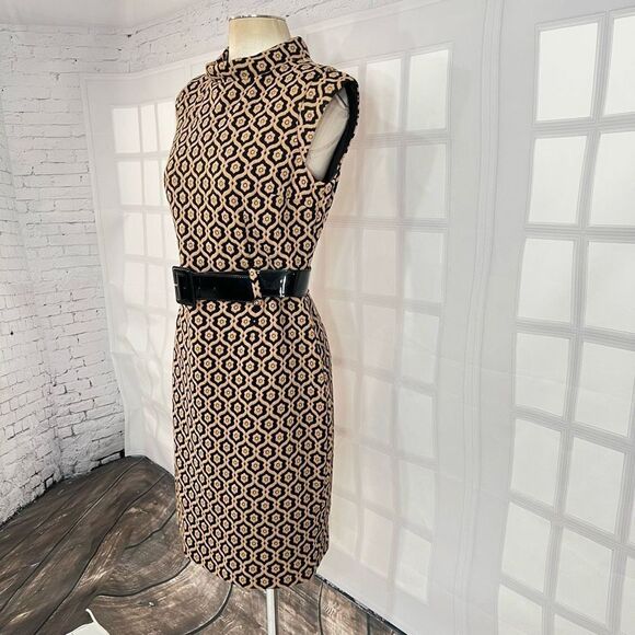 🔥🔥5 for $25🔥🔥 Nine West Allover Print Sleeveless Roll Collar Tan Knit Sheath - Picture 3 of 10